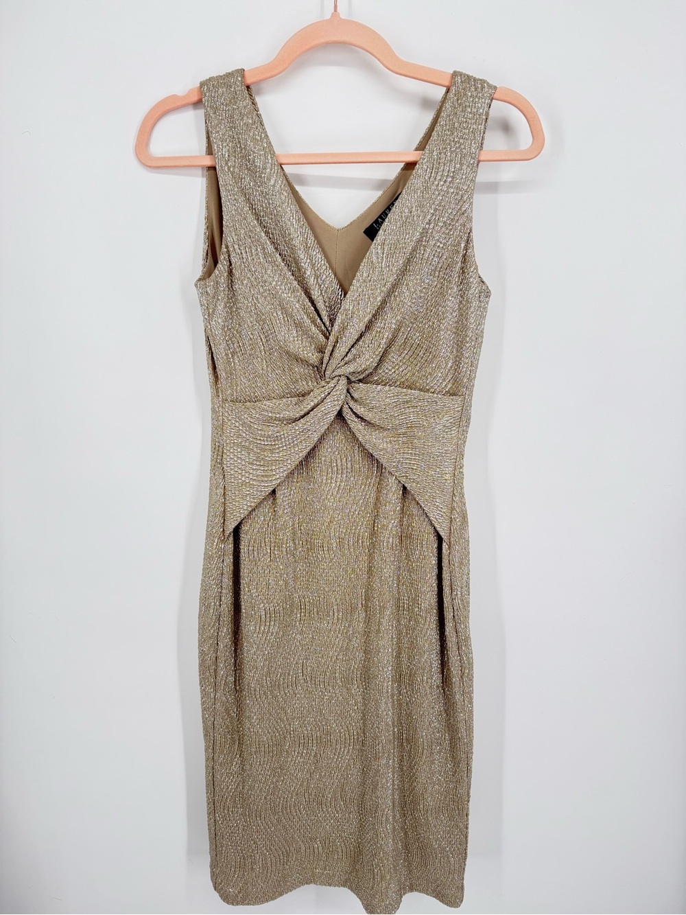 Lauren Ralph Lauren Women Gold Metallic Sleeveless Twist Front Size 4  Knee